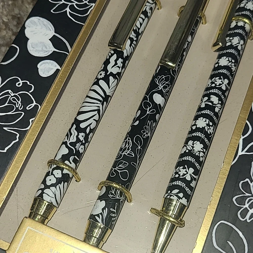 Clementine Black Floral 3-Piece Pen Set with Gold Accents